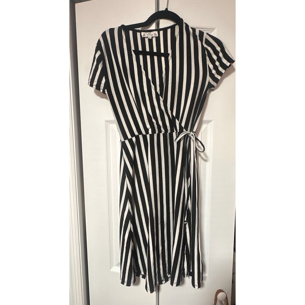 Black and White Vertical Stripe Wrap Midi Dress